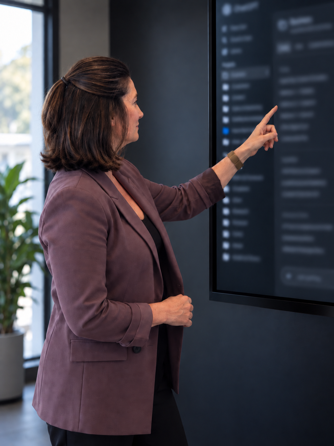 Linda Cunningham pointing at an AI workspace on a screen